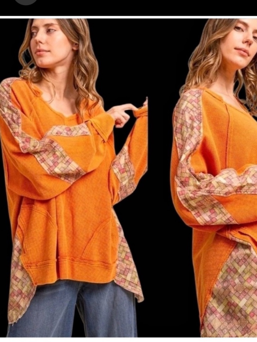 BlueVelvet NWT Orange Waffle Patchwork KAFTAN SLEEVES POCKETS Tunic Top